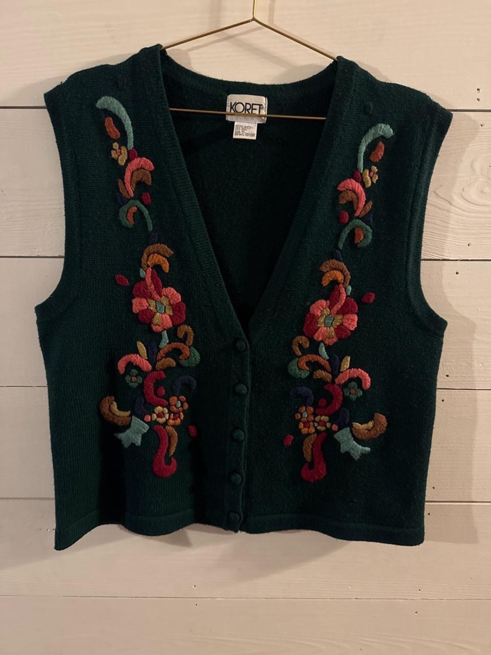 Vintage Koret Forest Green Embroidered V-Neck Sweater Vest